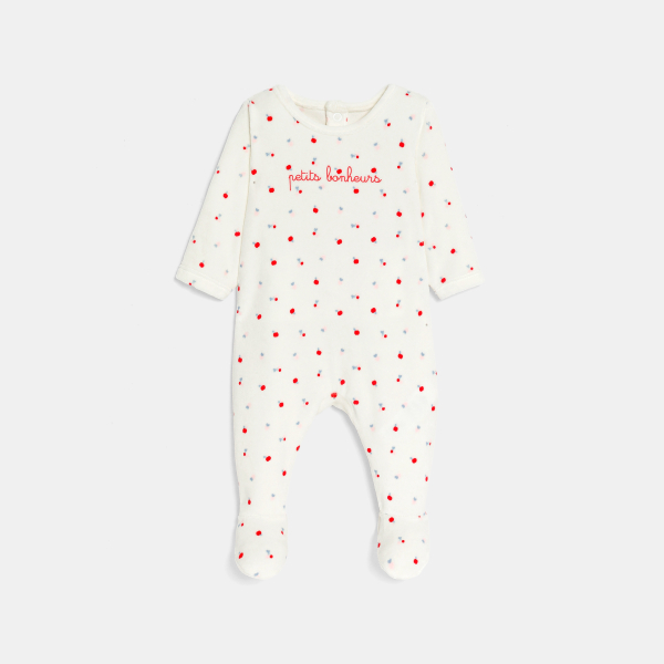 بذلة نوم مخملية برسمة التفاح، باللون الأبيض للفتيات الصغيرات